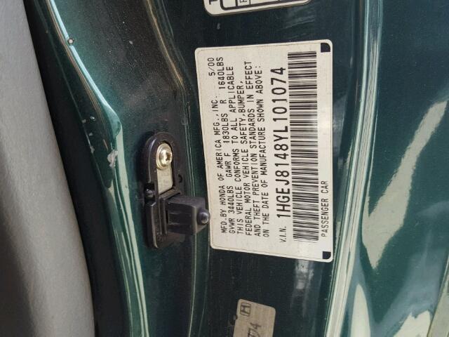 1HGEJ8148YL101074 - 2000 HONDA CIVIC EX მწვანე ფოტო 10