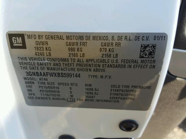 3GNBAAFWXBS599144 - 2011 CHEVROLET HHR LS WHITE photo 10