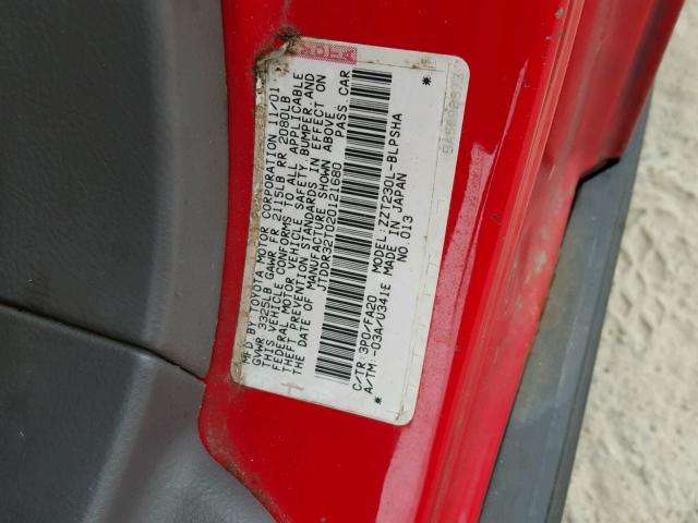 JTDDR32T020121680 - 2002 TOYOTA CELICA GT RED photo 10