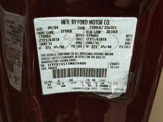 1FTPX14515NA26400 - 2005 FORD F150 MAROON photo 10