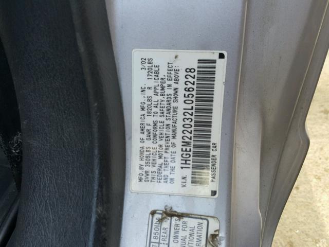 1HGEM22032L056228 - 2002 HONDA CIVIC EX ვერცხლისფერი ფოტო 10