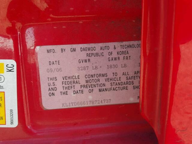 KL1TD66617B724737 - 2007 CHEVROLET AVEO BASE Czerwony zdjęcie 10