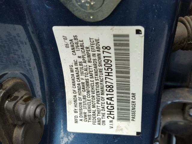 2HGFA16877H509178 - 2007 HONDA CIVIC EX Կապույտ լուսանկար 10