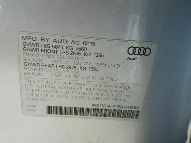 WA1VGAFP4FA100966 - 2015 AUDI SQ5 PRESTI SILVER photo 10