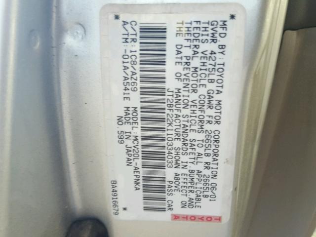 JT2BF22K110334033 - 2001 TOYOTA CAMRY CE SILVER photo 10