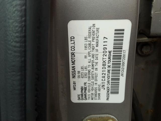 JN1CA21D8XT209117 - 1999 NISSAN MAXIMA GLE GRAY photo 10