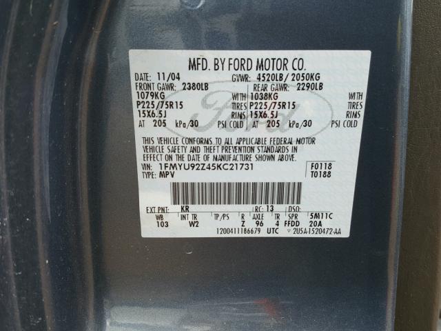 1FMYU92Z45KC21731 - 2005 FORD ESCAPE XLS BLUE photo 10