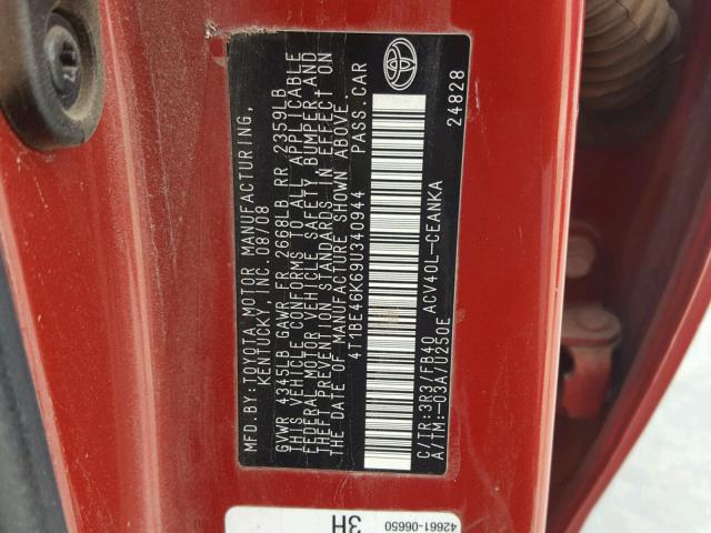 4T1BE46K69U340944 - 2009 TOYOTA CAMRY BASE RED photo 10