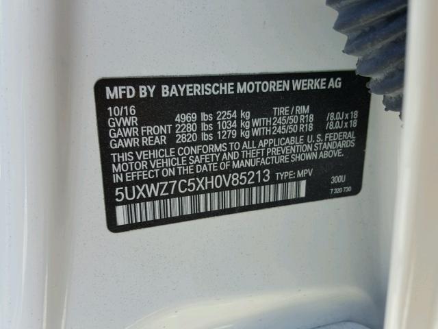 5UXWZ7C5XH0V85213 - 2017 BMW X3 SDRIVE2 Weiß Foto 10