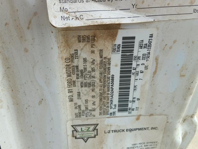 1FTKR1AD2APA56889 - 2010 FORD RANGER WHITE photo 10