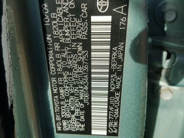 JTDBT4K34A1367753 - 2010 TOYOTA YARIS TEAL photo 10