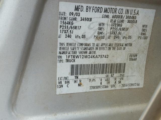 1FTRW12W24KA75743 - 2004 FORD F150 SUPER SILVER photo 10