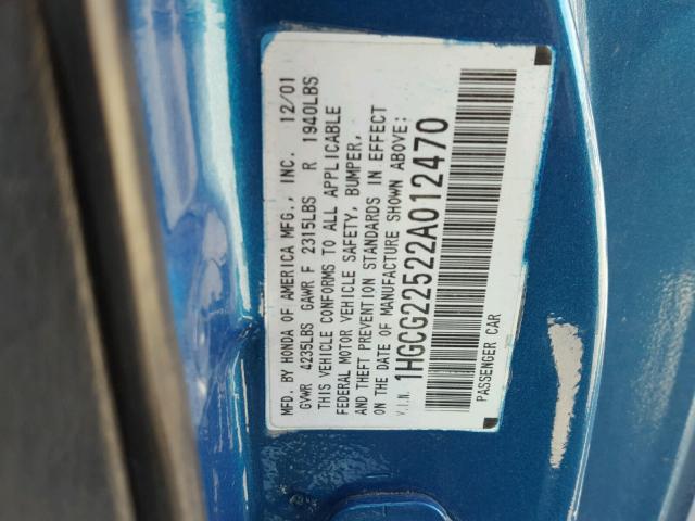 1HGCG22522A012470 - 2002 HONDA ACCORD EX BLUE photo 10