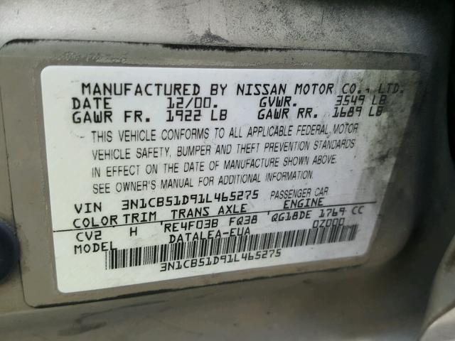 3N1CB51D91L465275 - 2001 NISSAN SENTRA XE TAN photo 10