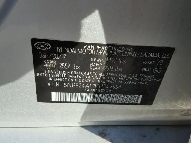 5NPE24AF1HH549554 - 2017 HYUNDAI SONATA SE SILVER photo 10