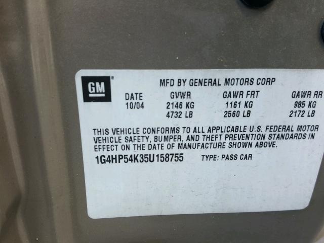 1G4HP54K35U158755 - 2005 BUICK LESABRE CU BEIGE photo 10