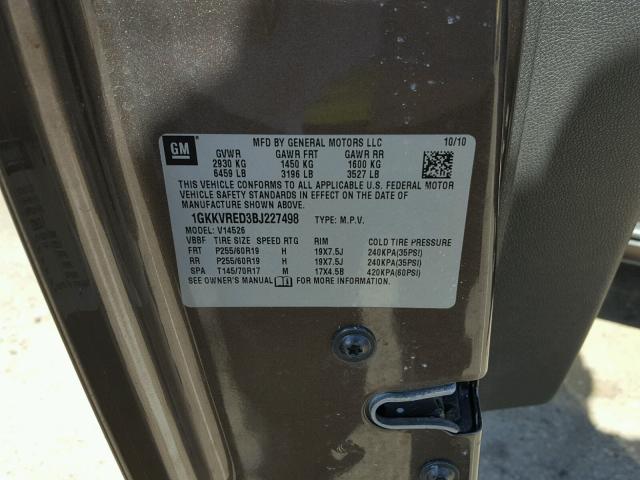 1GKKVRED3BJ227498 - 2011 GMC ACADIA SLT ყავისფერი ფოტო 10