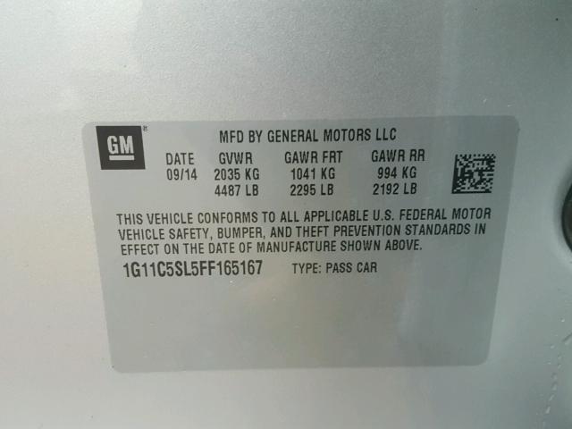 1G11C5SL5FF165167 - 2015 CHEVROLET MALIBU 1LT 银色 照片 10