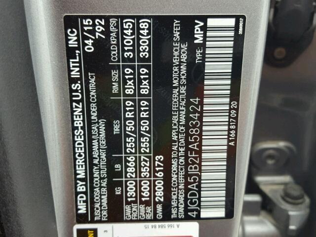 4JGDA5JB2FA583424 - 2015 MERCEDES-BENZ ML 350 GRAY photo 10