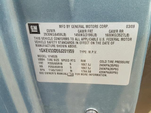 1GKEV33D59J201959 - 2009 GMC ACADIA SLT მწვანე ფოტო 10