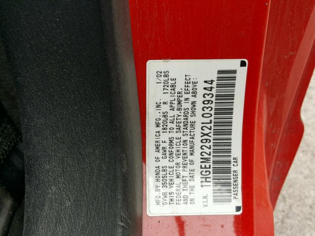 1HGEM229X2L039344 - 2002 HONDA CIVIC EX წითელი ფოტო 10