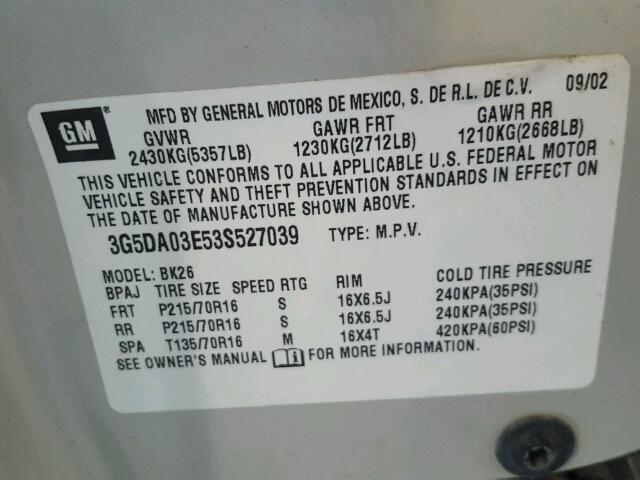 3G5DA03E53S527039 - 2003 BUICK RENDEZVOUS CREAM photo 10