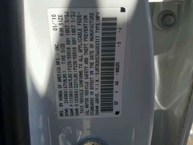 5J8TB2H27AA002317 - 2010 ACURA RDX WHITE photo 10