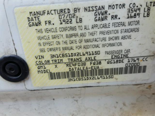 3N1CB51DX2L691150 - 2002 NISSAN SENTRA XE WHITE photo 10