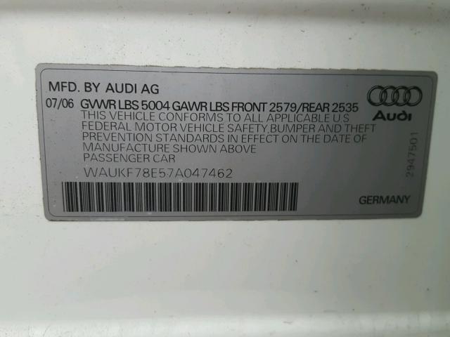 WAUKF78E57A047462 - 2007 AUDI A4 2.0T AV WHITE photo 10