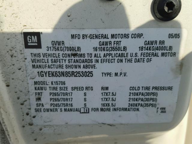 1GYEK63N85R253025 - 2005 CADILLAC ESCALADE L WHITE photo 10