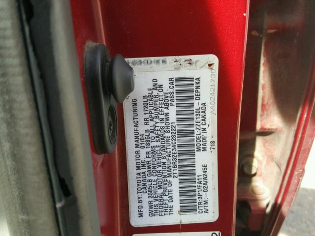 2T1BR32E34C282221 - 2004 TOYOTA COROLLA CE RED photo 10