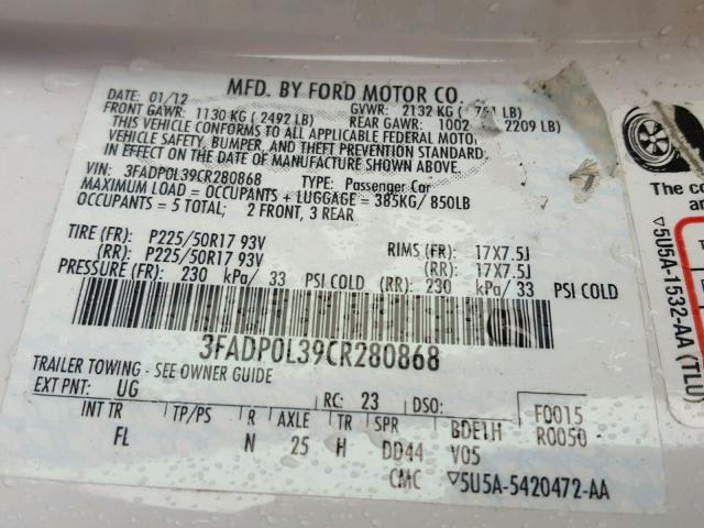 3FADP0L39CR280868 - 2012 FORD FUSION HYB WHITE photo 10