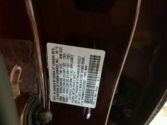 2HKRM4H57GH705927 - 2016 HONDA CR-V EX MAROON photo 10