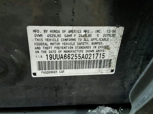 19UUA66255A021715 - 2005 ACURA TL GRAY photo 10