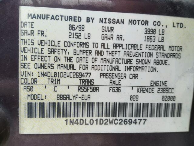 1N4DL01D2WC269477 - 1998 NISSAN ALTIMA XE PURPLE photo 10