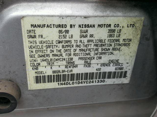 1N4DL01D4YC241330 - 2000 NISSAN ALTIMA XE SILVER photo 10