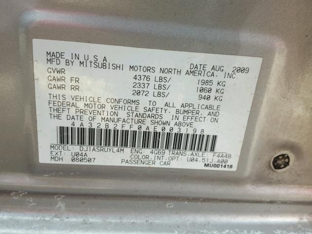 4A32B2FF0AE003198 - 2010 MITSUBISHI GALANT FE SILVER photo 10