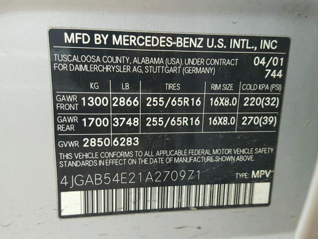 4JGAB54E21A270971 - 2001 MERCEDES-BENZ ML 320 SILVER photo 10