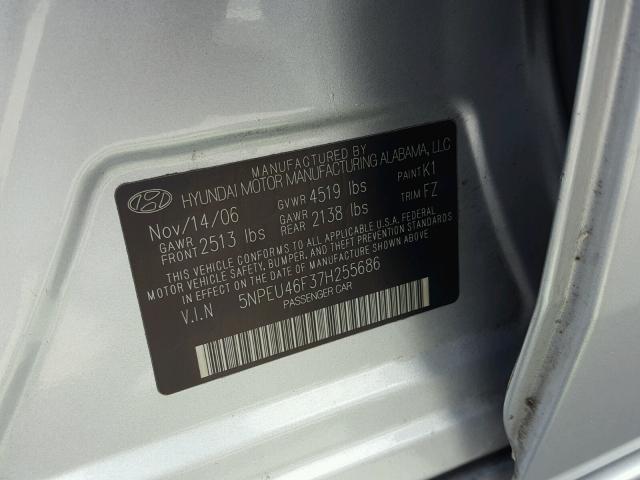 5NPEU46F37H255686 - 2007 HYUNDAI SONATA SE SILVER photo 10