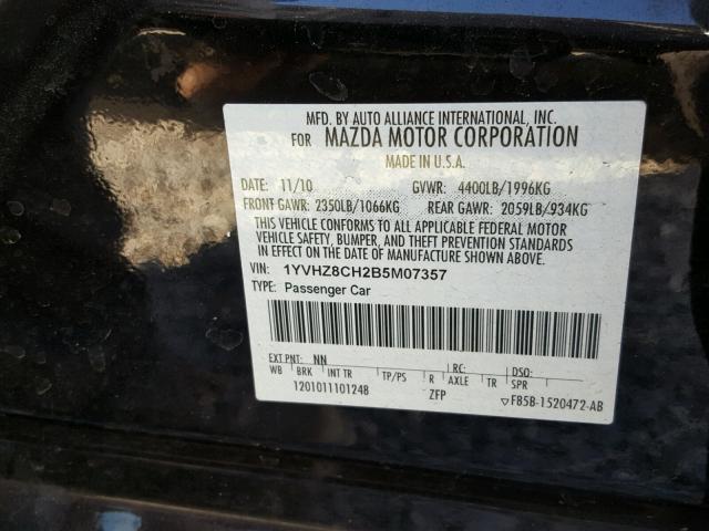 1YVHZ8CH2B5M07357 - 2011 MAZDA 6 I BLACK photo 10