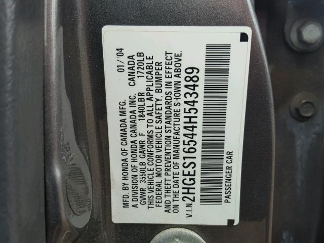 2HGES16544H543489 - 2004 HONDA CIVIC LX GRAY photo 10