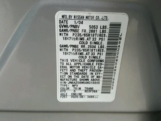 JN8AZ08W54W318805 - 2004 NISSAN MURANO SL SILVER photo 10