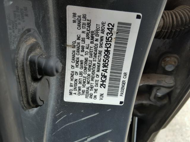 2HGFA16599H315342 - 2009 HONDA CIVIC LX GRAY photo 10