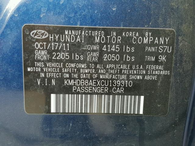 KMHDB8AEXCU139310 - 2012 HYUNDAI ELANTRA TO BLUE photo 10