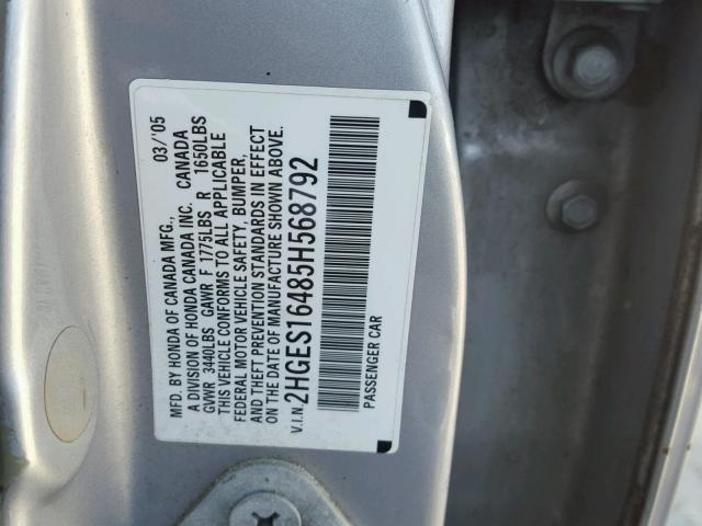 2HGES16485H568792 - 2005 HONDA CIVIC DX SILVER photo 10