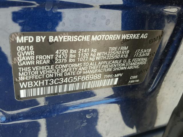 WBXHT3C34G5F66988 - 2016 BMW X1 XDRIVE2 BLUE photo 10