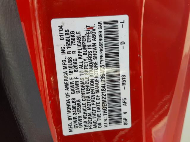 1HGEM22184L036455 - 2004 HONDA CIVIC DX V RED photo 10