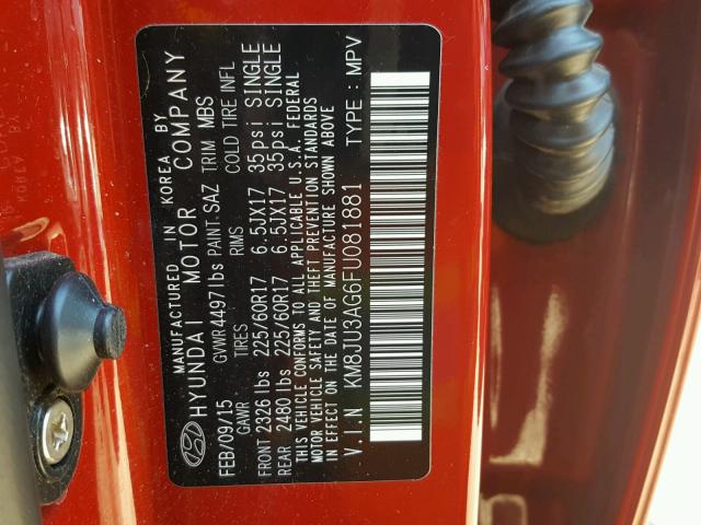 KM8JU3AG6FU081881 - 2015 HYUNDAI TUCSON LIM RED photo 10