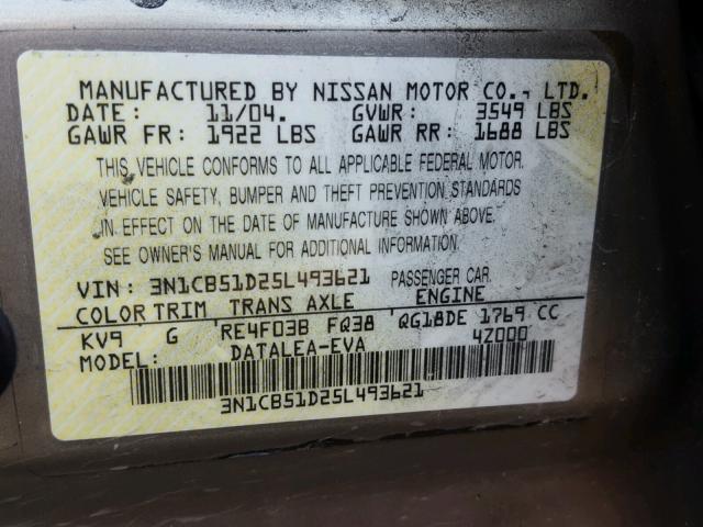 3N1CB51D25L493621 - 2005 NISSAN SENTRA 1.8 GRAY photo 10