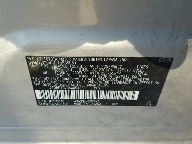 2T3BF4DV3AW054233 - 2010 TOYOTA RAV4 SILVER photo 10